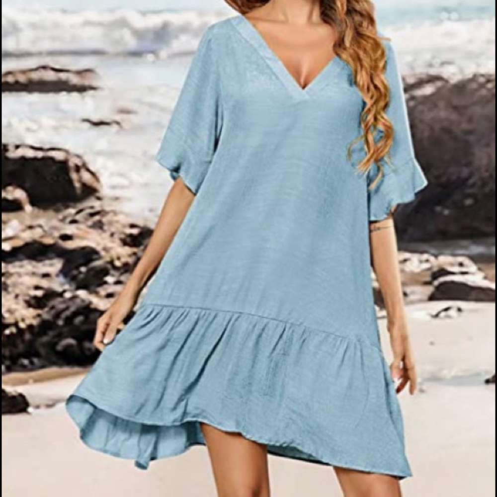 NEW Aoulaydo Light fabric Dress or Swimsuit Coverup Sexy V Neck Light Bl…